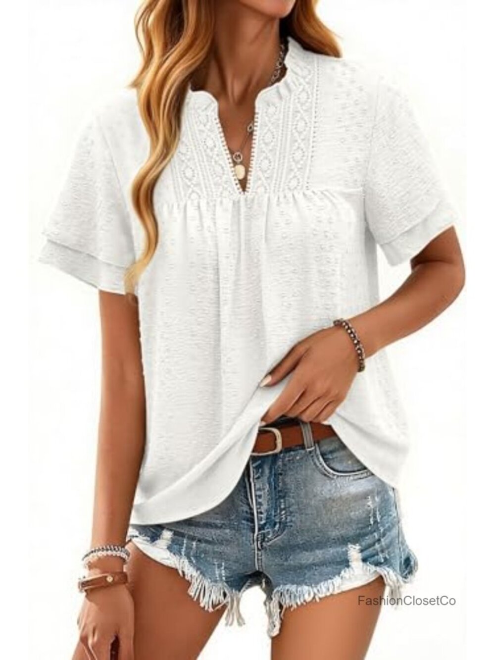 Swiss Dot Lace Trim Flutter Sleeve Peasant Blouse - V Neck Ruffle Top